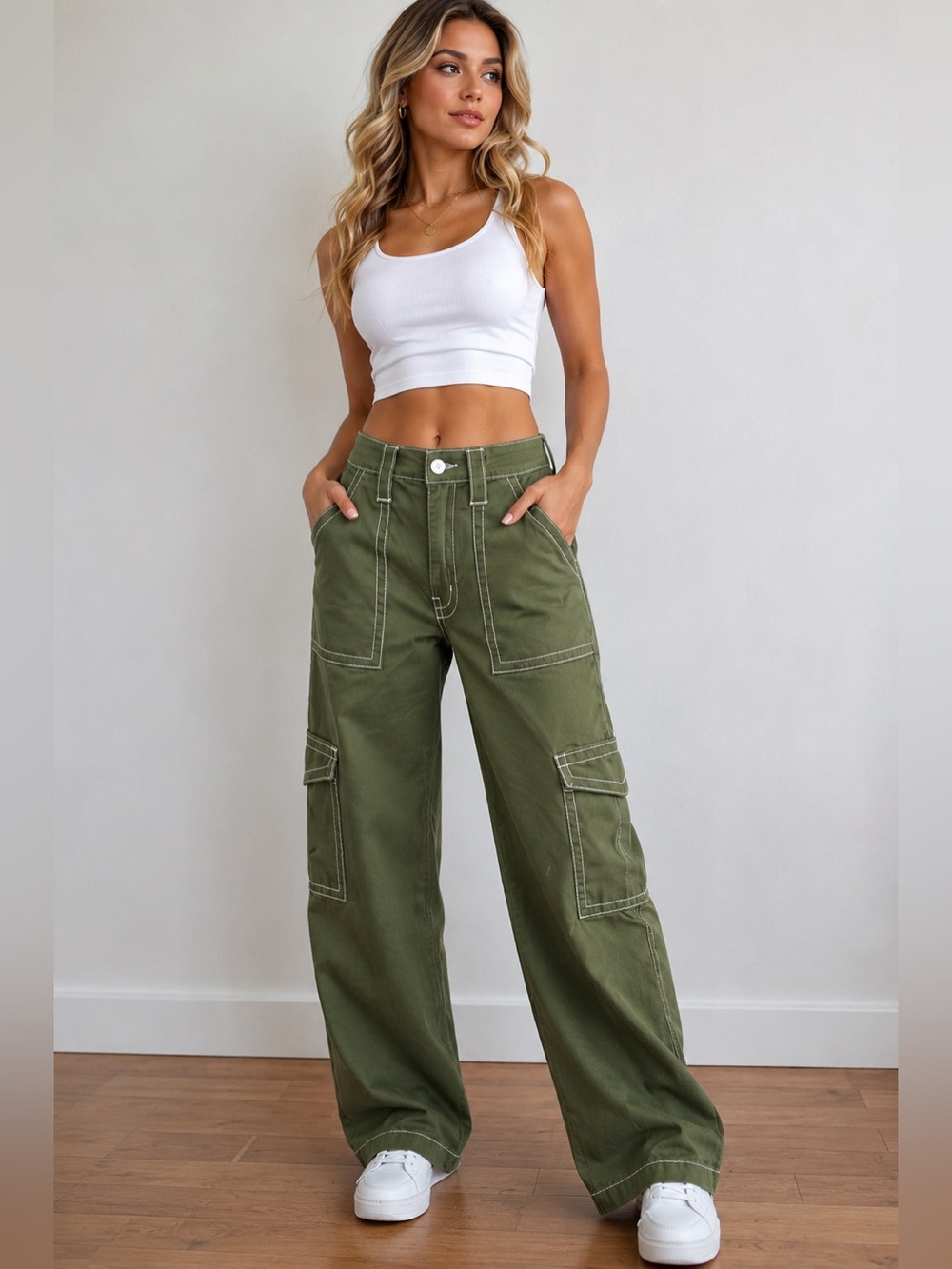 Flying Angel Olive Green Contrast Stitch Cargo Pants – Size 9/29